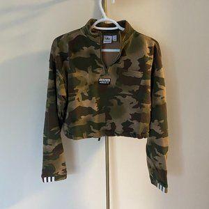 Adidas Medium Green Camo-Print Cropped Turtleneck Sweatshirt